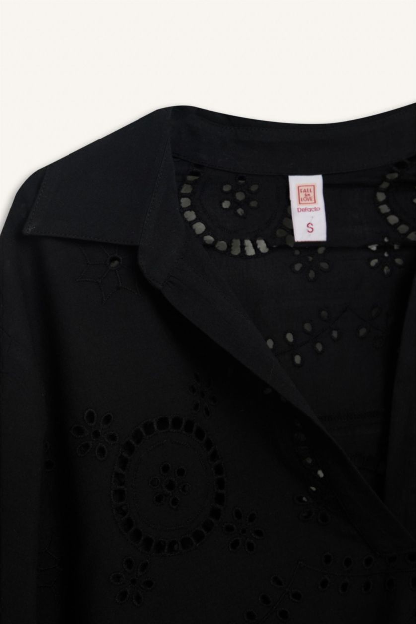 Kadın Siyah Regular Fit Brode Plaj Gömleği