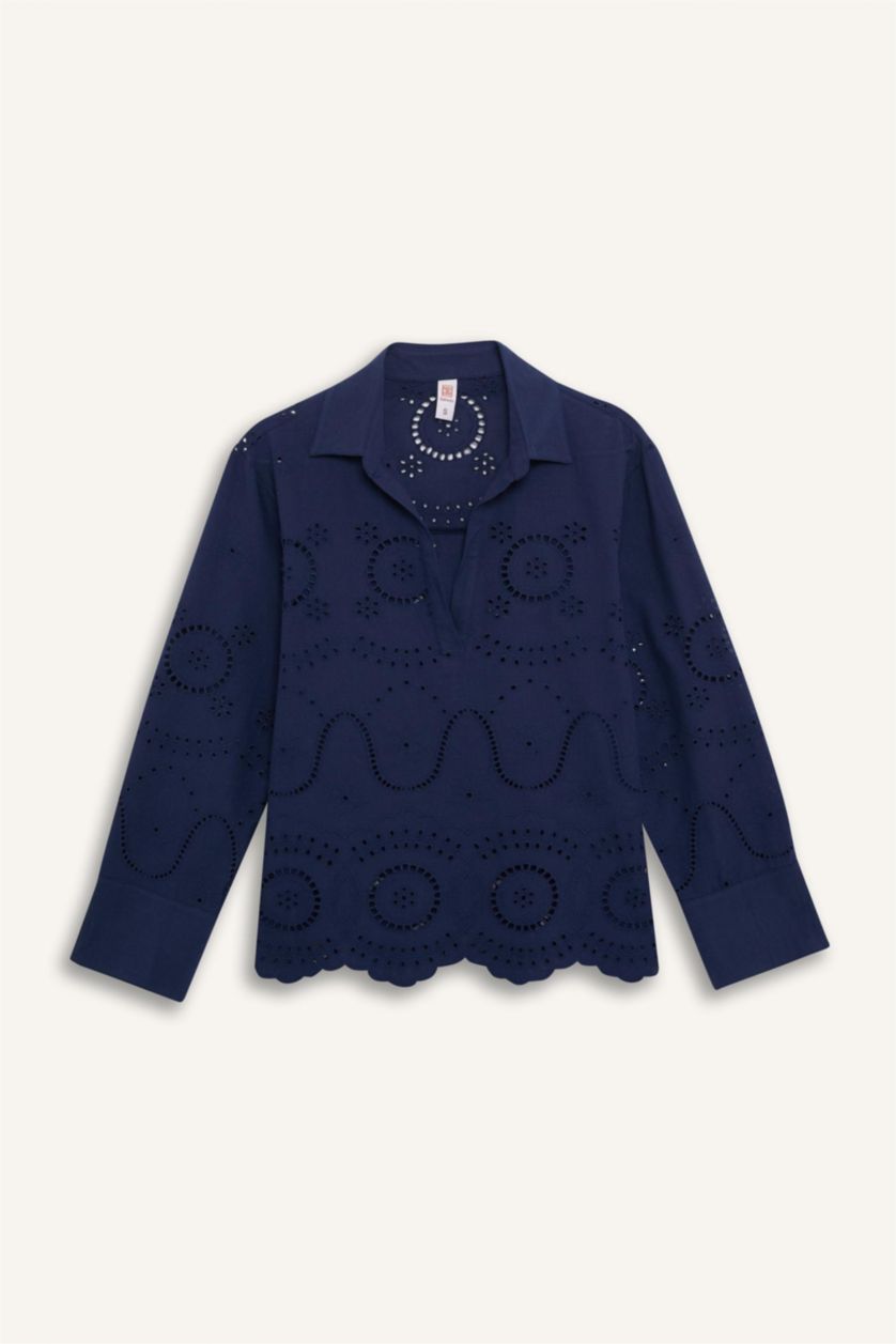 Kadın Lacivert Regular Fit Brode Plaj Gömleği