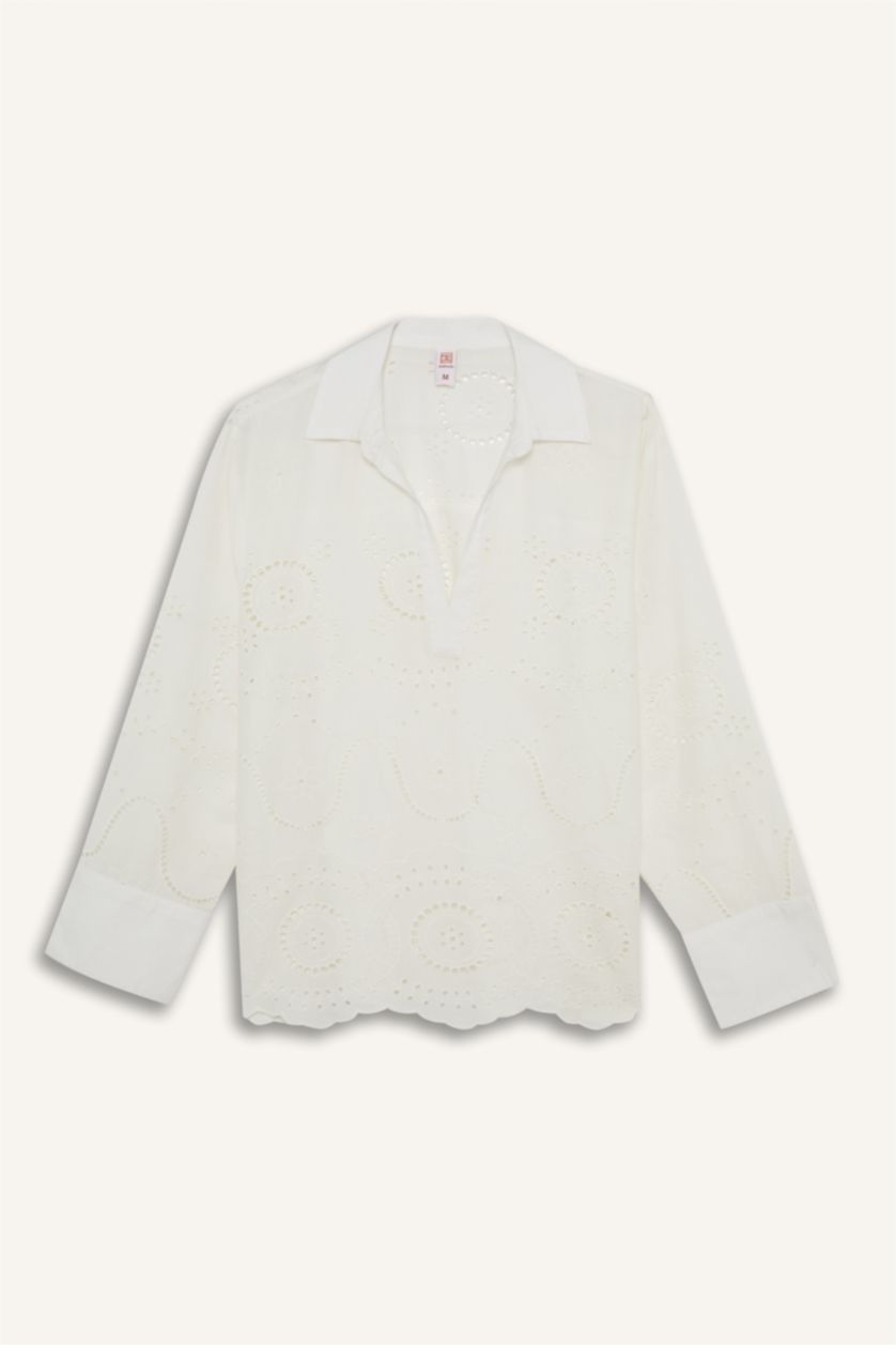 Kadın Kırık Beyaz Regular Fit Brode Plaj Gömleği