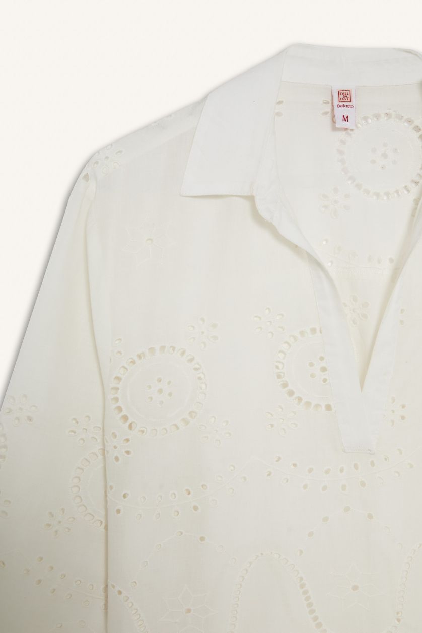 Kadın Kırık Beyaz Regular Fit Brode Plaj Gömleği