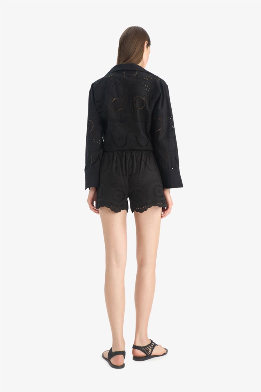 Kadın Siyah Regular Fit Brode Plaj Şortu