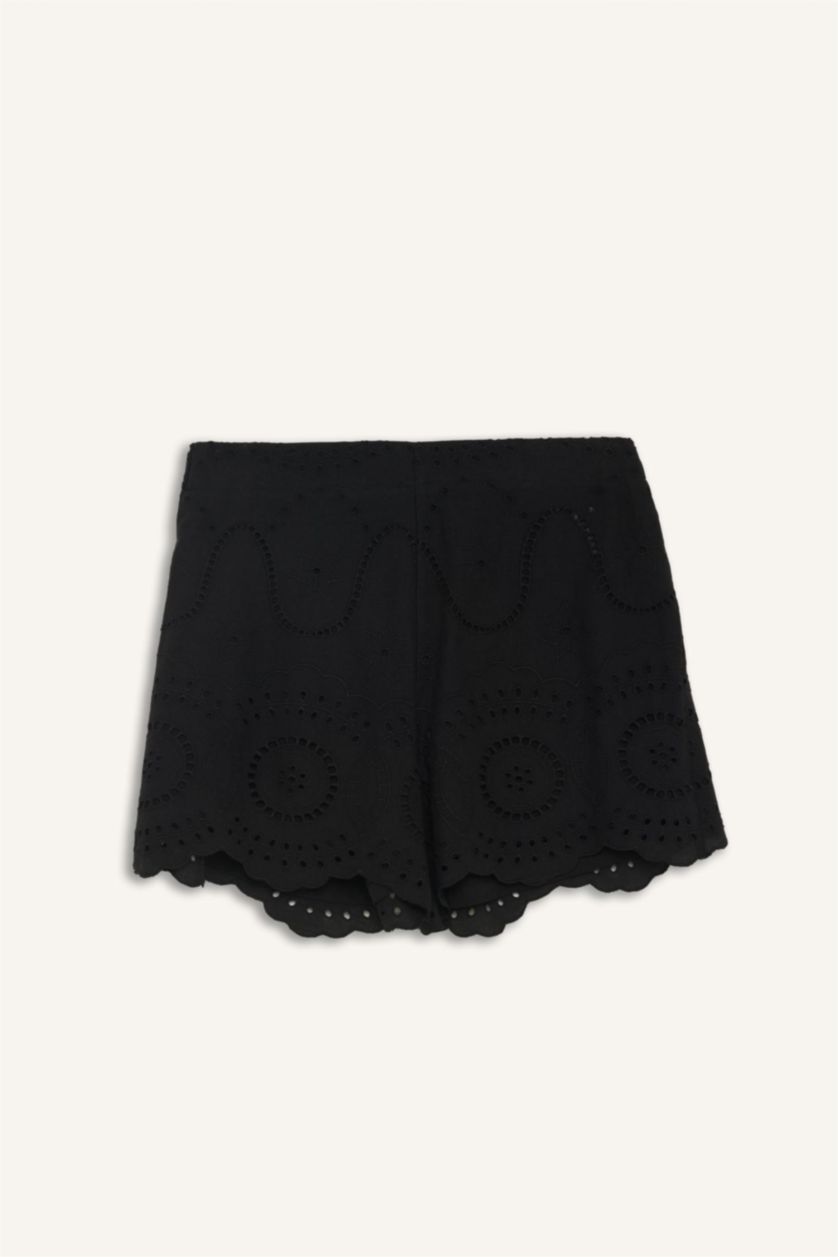 Kadın Siyah Regular Fit Brode Plaj Şortu