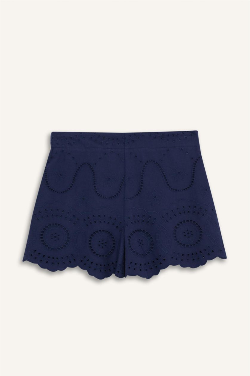 Kadın Lacivert Regular Fit Brode Plaj Şortu