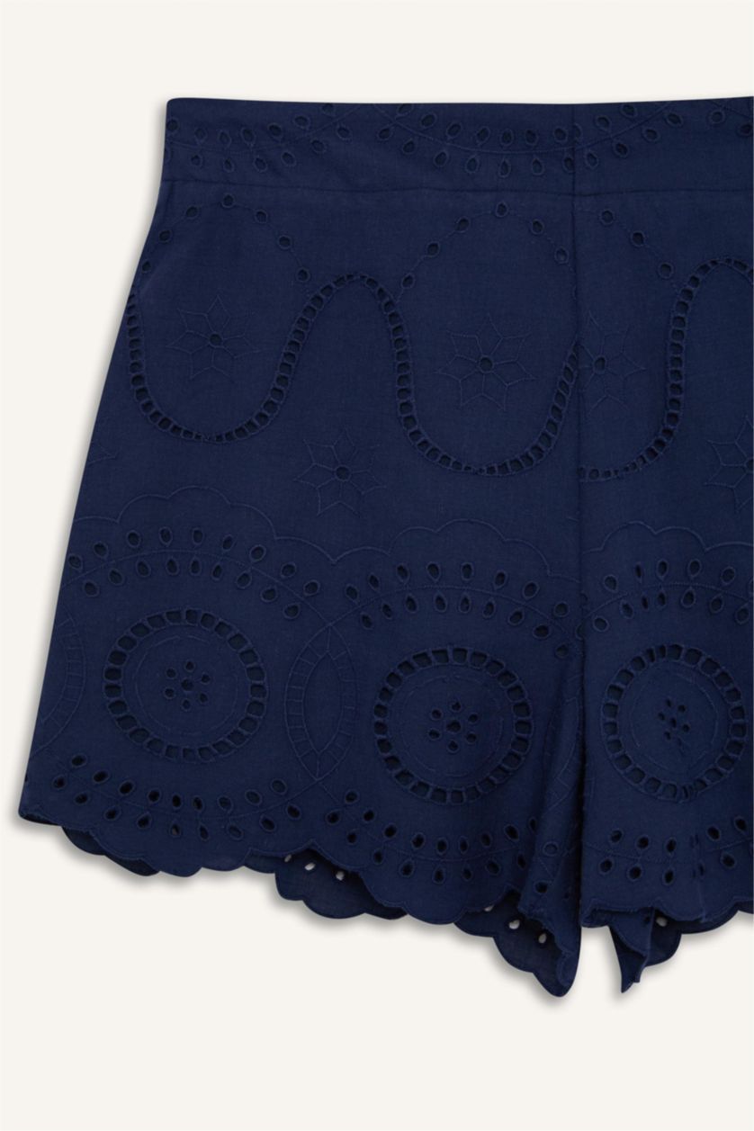 Kadın Lacivert Regular Fit Brode Plaj Şortu