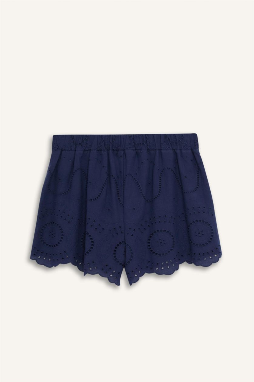 Kadın Lacivert Regular Fit Brode Plaj Şortu