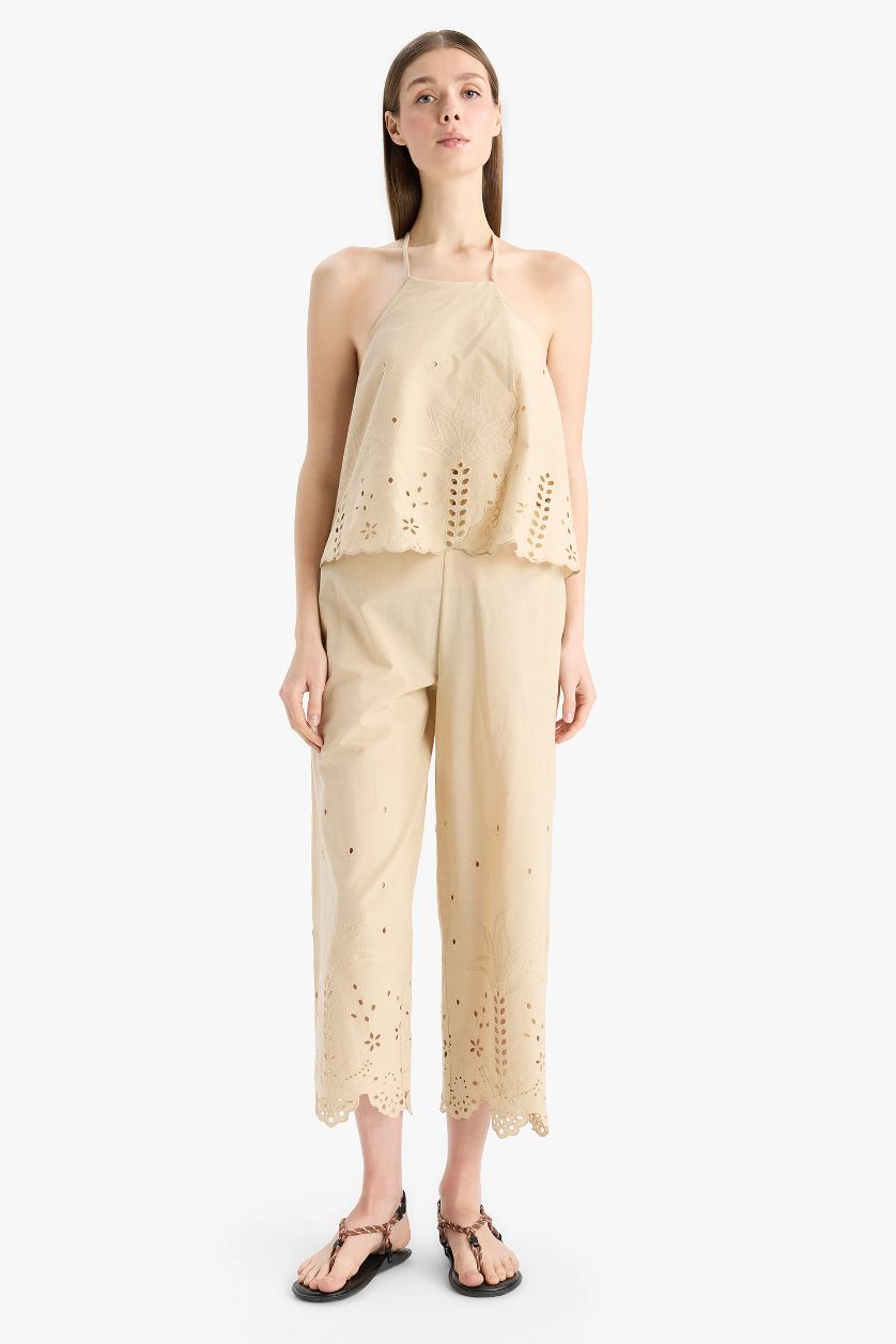 Kadın Bej Regular Fit Brode Boyundan Bağlamalı Bluz