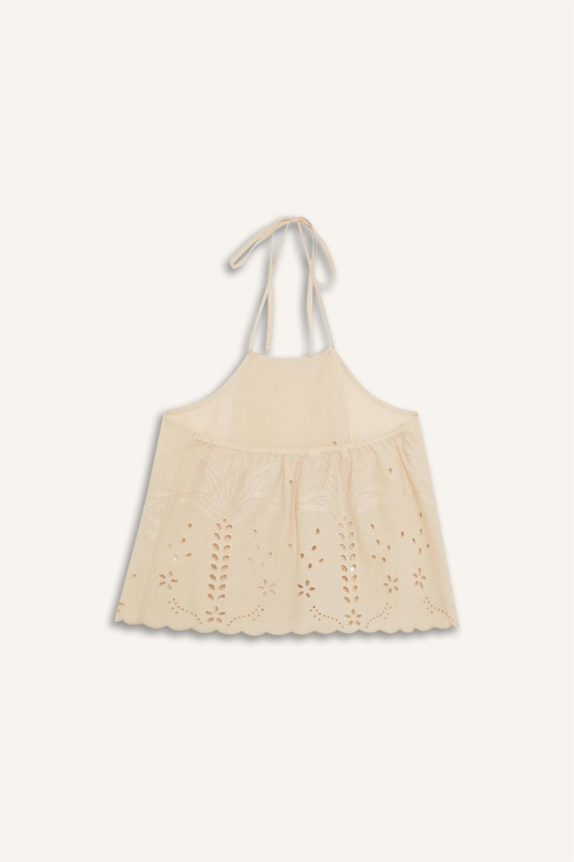 Kadın Bej Regular Fit Brode Boyundan Bağlamalı Bluz