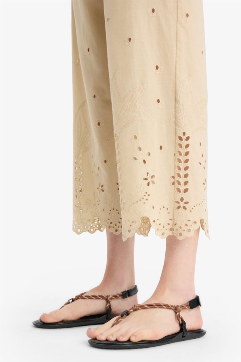 Kadın Bej Regular Fit Brode Plaj Pantolonu