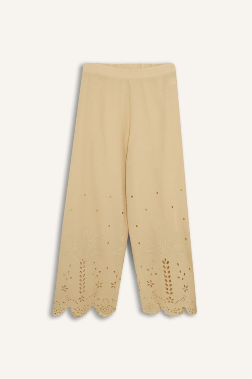 Kadın Bej Regular Fit Brode Plaj Pantolonu