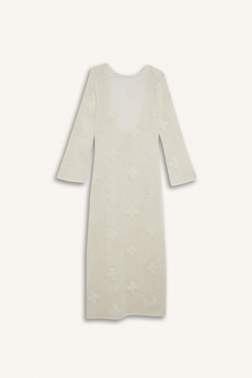 Kadın Ekru Regular Fit Uzun Kollu Dantelli Maxi Plaj Elbisesi