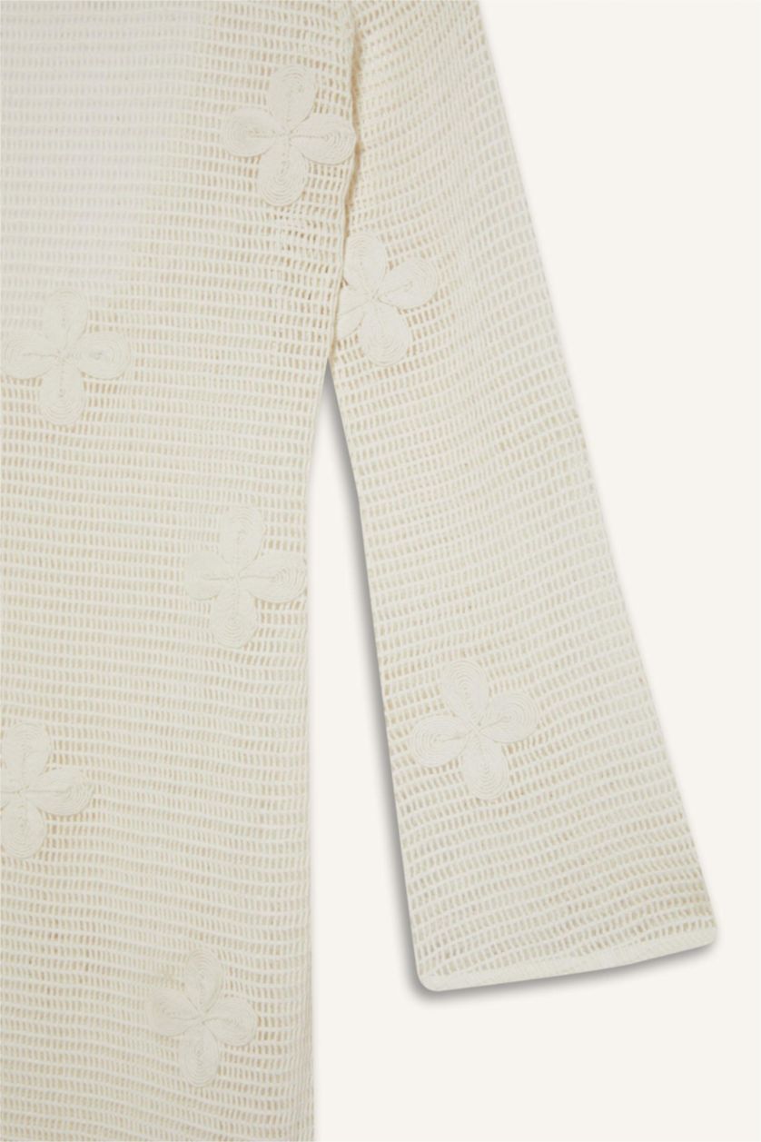 Kadın Ekru Regular Fit Uzun Kollu Dantelli Maxi Plaj Elbisesi