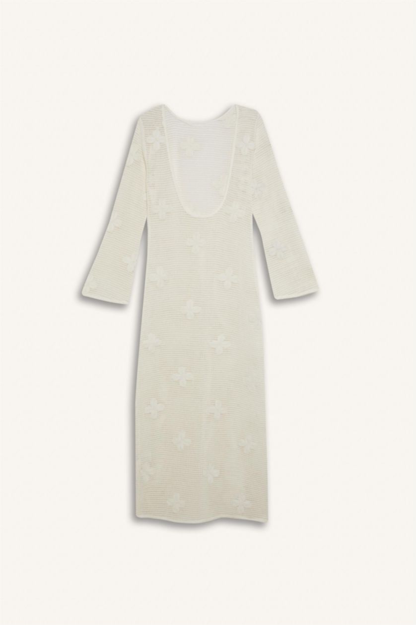 Kadın Ekru Regular Fit Uzun Kollu Dantelli Maxi Plaj Elbisesi