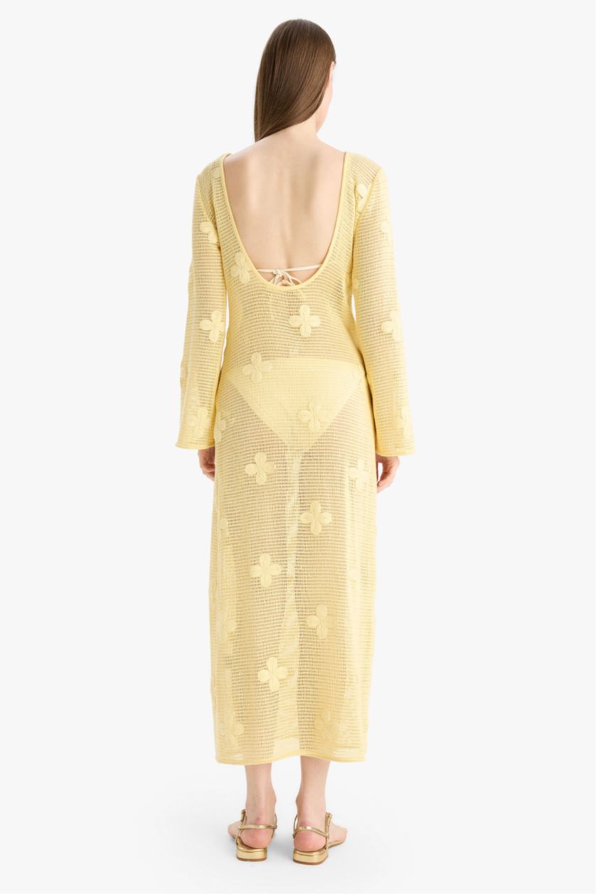 Kadın Sarı Regular Fit Uzun Kollu Dantelli Maxi Plaj Elbisesi