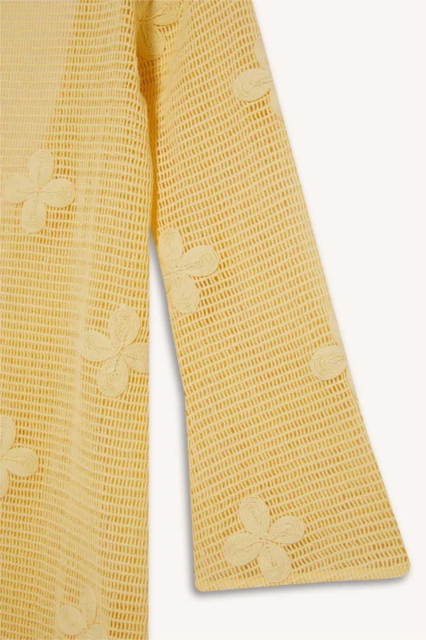 Kadın Sarı Regular Fit Uzun Kollu Dantelli Maxi Plaj Elbisesi