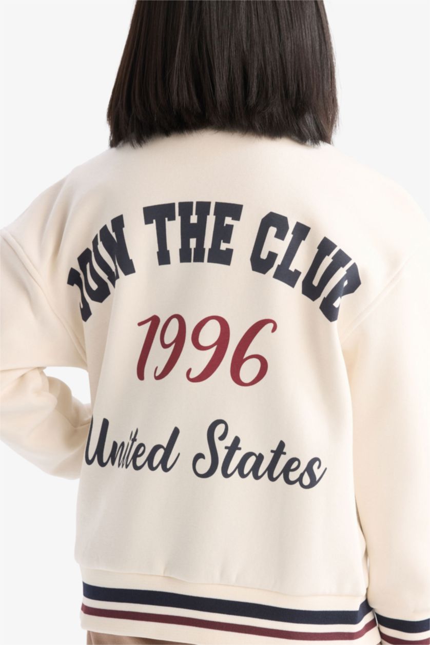 Kız Çocuk - Genç Kız Kırık Beyaz Kolej Yaka Çıtçıtlı Sırt Baskılı Bomber Ceket Kız Çocuk