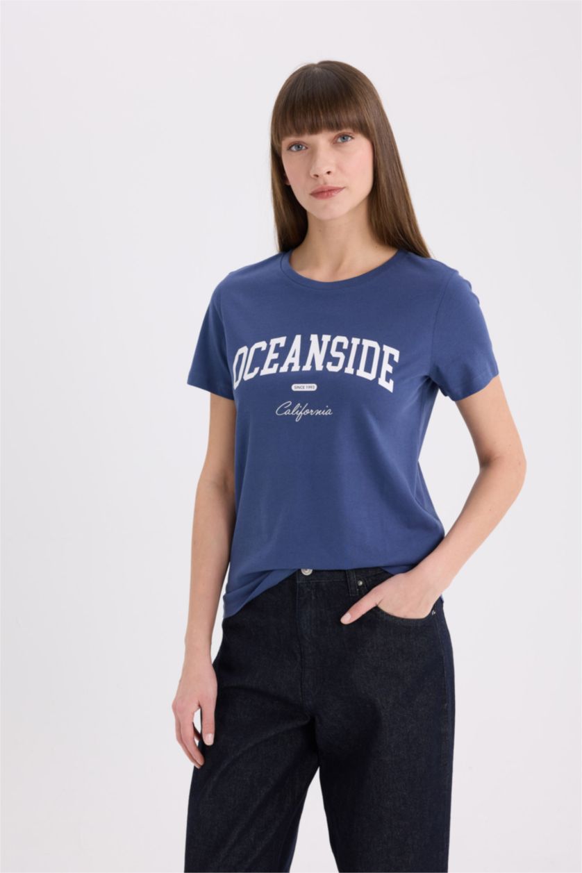 Kadın İndigo Regular Fıt Penye Kısa Kollu Tişört