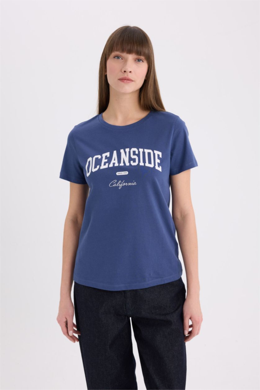 Kadın İndigo Regular Fıt Penye Kısa Kollu Tişört