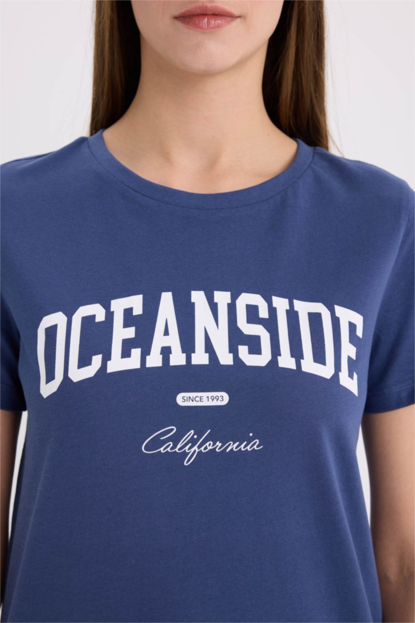 Kadın İndigo Regular Fıt Penye Kısa Kollu Tişört