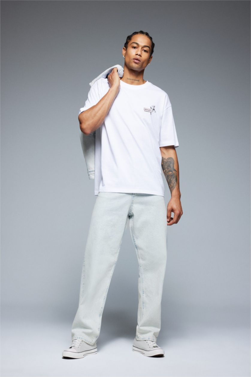 Erkek Beyaz %100 Pamuk Looney Tunes Boxy Fit Bisiklet Yaka Sırt Baskılı Kısa Kollu Tişört