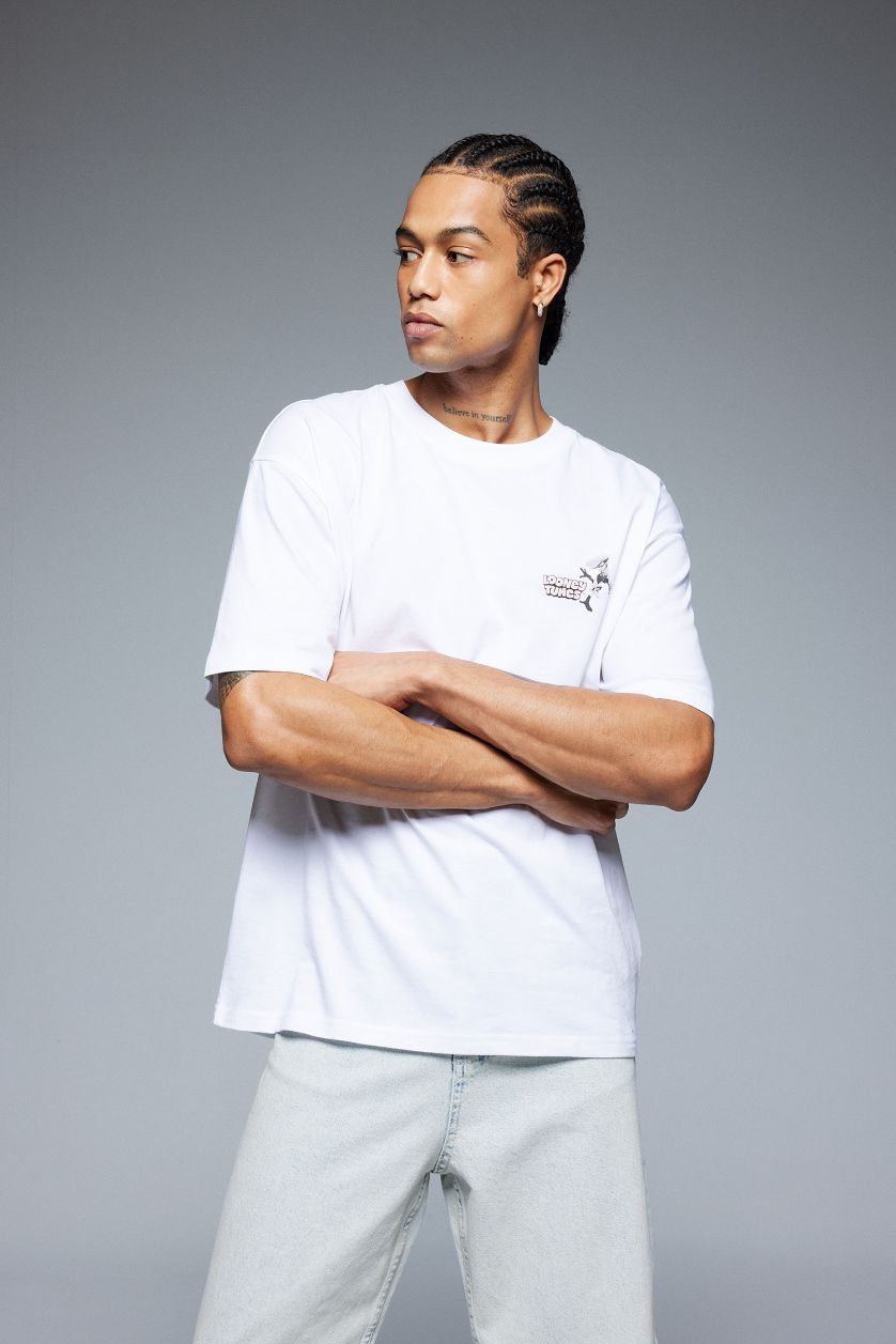 Erkek Beyaz %100 Pamuk Looney Tunes Boxy Fit Bisiklet Yaka Sırt Baskılı Kısa Kollu Tişört