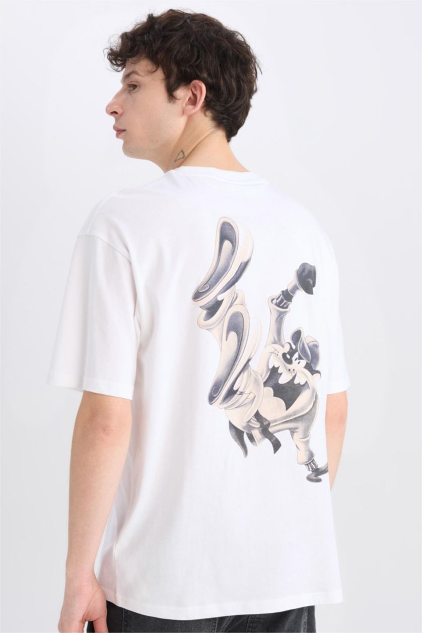 Erkek Beyaz %100 Pamuk Looney Tunes Boxy Fit Bisiklet Yaka Sırt Baskılı Kısa Kollu Tişört