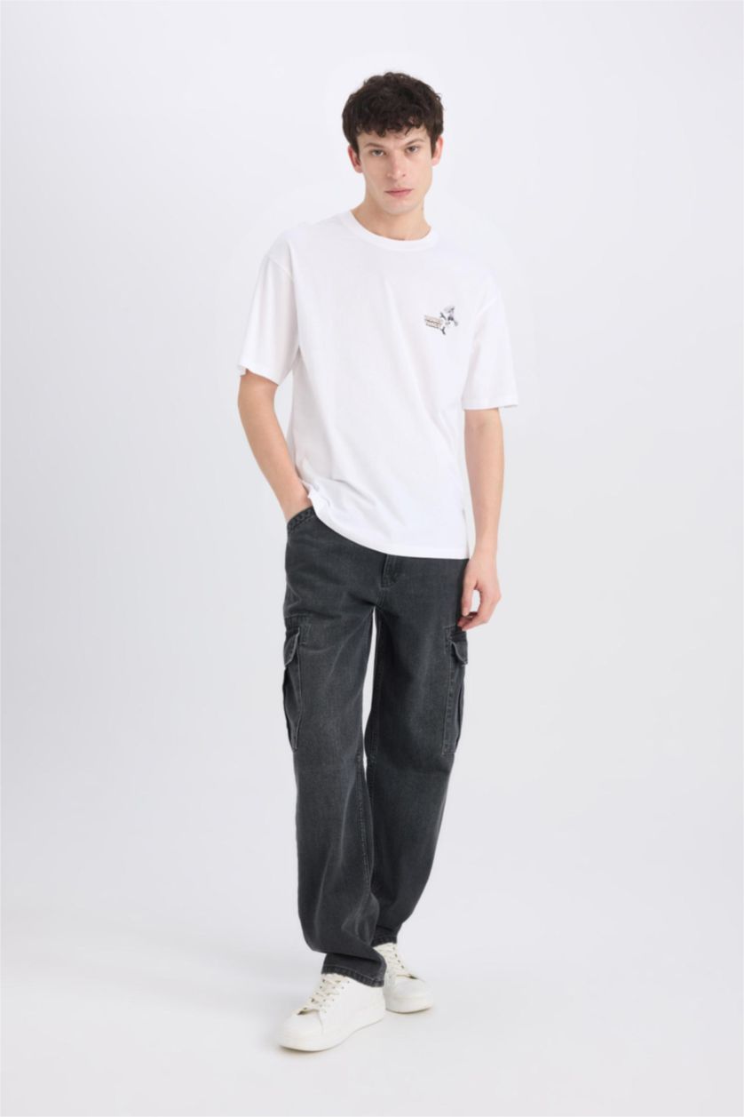 Erkek Beyaz %100 Pamuk Looney Tunes Boxy Fit Bisiklet Yaka Sırt Baskılı Kısa Kollu Tişört