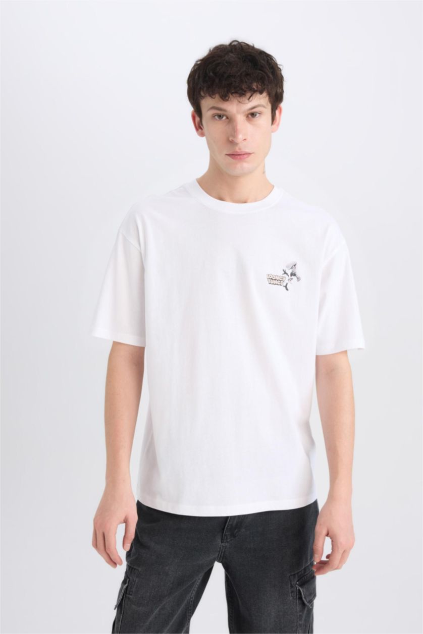 Erkek Beyaz %100 Pamuk Looney Tunes Boxy Fit Bisiklet Yaka Sırt Baskılı Kısa Kollu Tişört