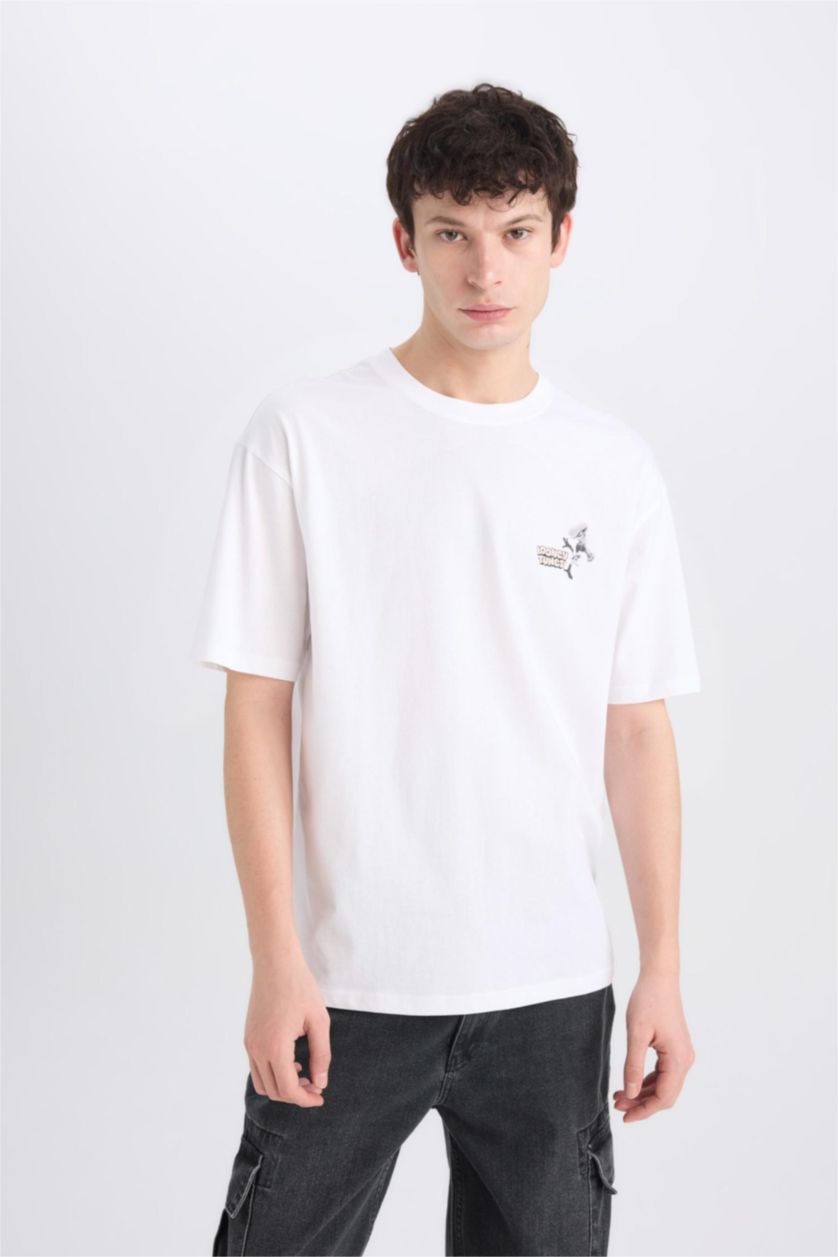 Erkek Beyaz %100 Pamuk Looney Tunes Boxy Fit Bisiklet Yaka Sırt Baskılı Kısa Kollu Tişört