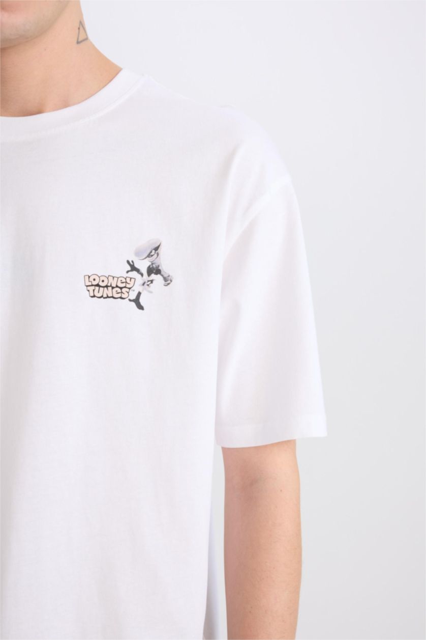 Erkek Beyaz %100 Pamuk Looney Tunes Boxy Fit Bisiklet Yaka Sırt Baskılı Kısa Kollu Tişört