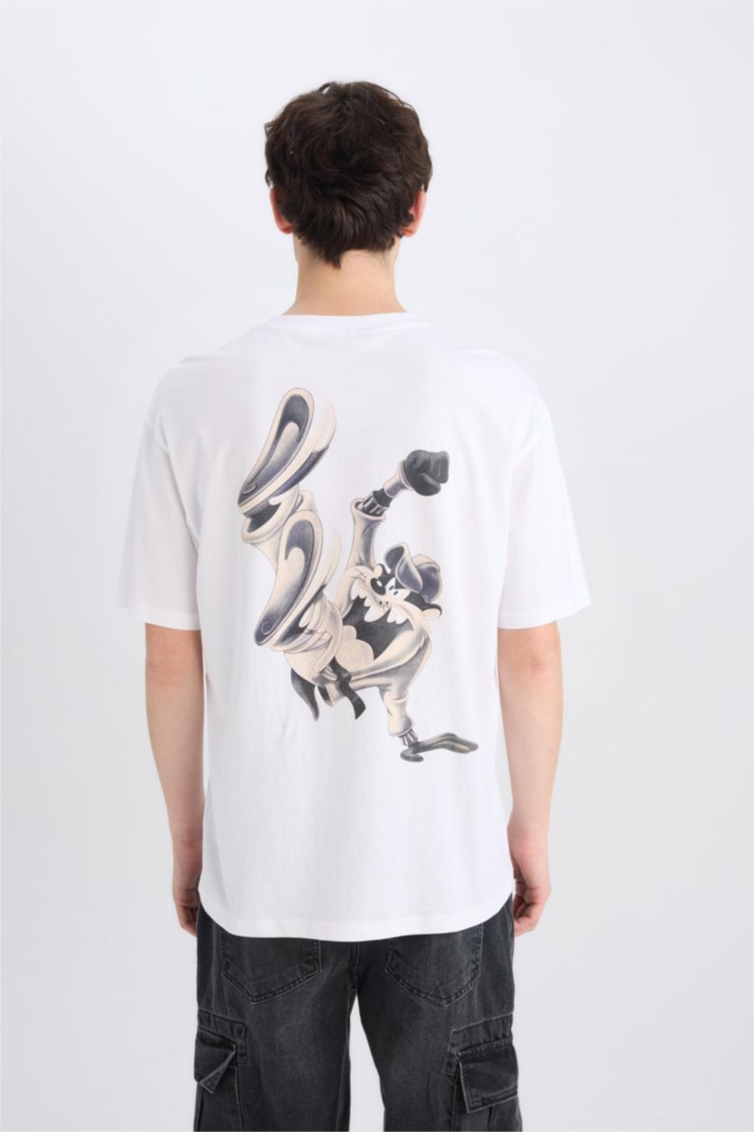 Erkek Beyaz %100 Pamuk Looney Tunes Boxy Fit Bisiklet Yaka Sırt Baskılı Kısa Kollu Tişört