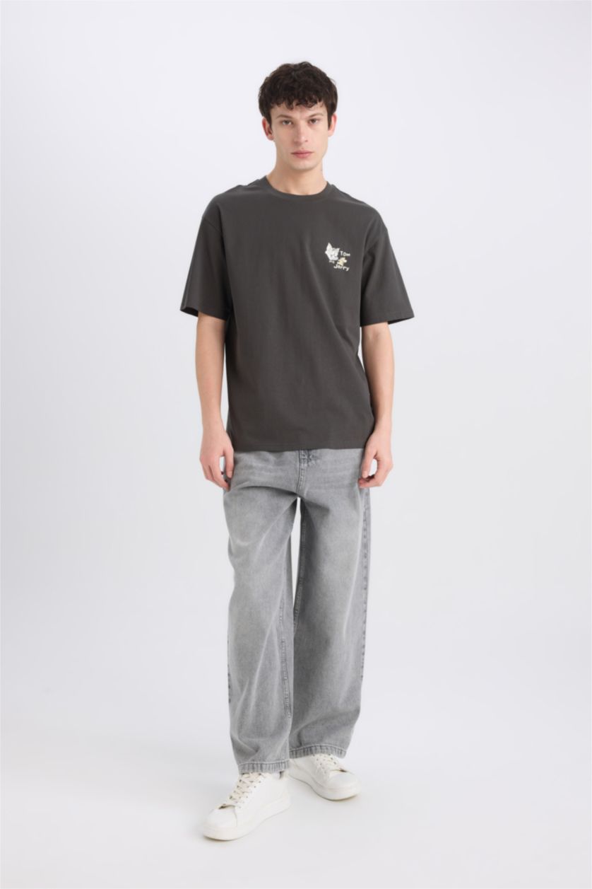 Erkek Antrasit %100 Pamuk Tom & Jerry Boxy Fit Bisiklet Yaka Sırt Baskılı Kısa Kollu Tişört