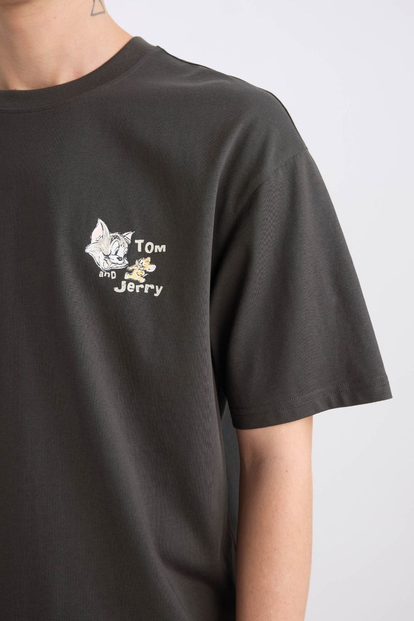 Erkek Antrasit %100 Pamuk Tom & Jerry Boxy Fit Bisiklet Yaka Sırt Baskılı Kısa Kollu Tişört