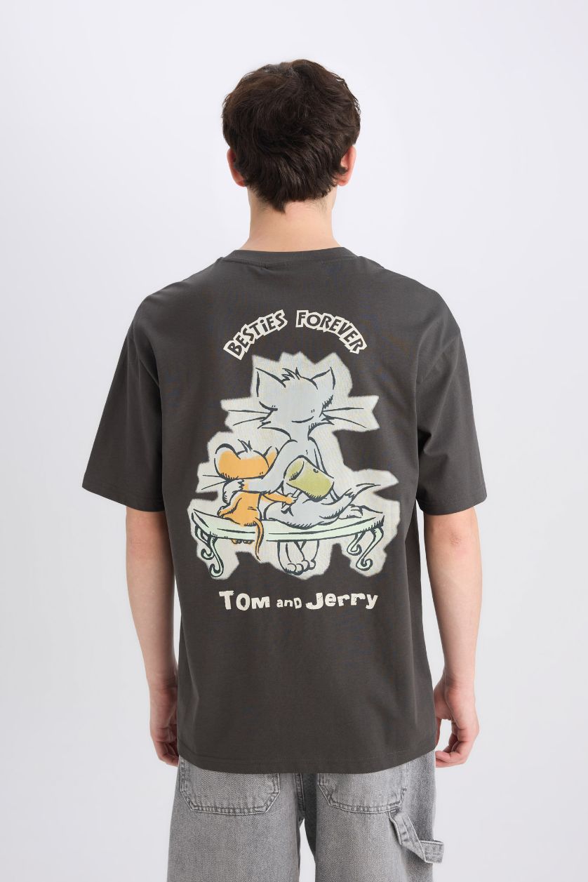 Erkek Antrasit %100 Pamuk Tom & Jerry Boxy Fit Bisiklet Yaka Sırt Baskılı Kısa Kollu Tişört