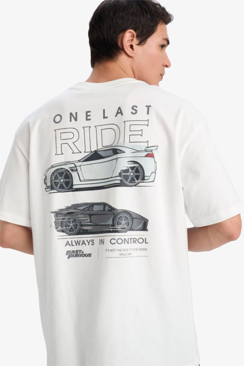 Erkek Ekru %100 Pamuk Fast & Furious Boxy Fit Bisiklet Yaka Sırt Baskılı Kısa Kollu Tişört