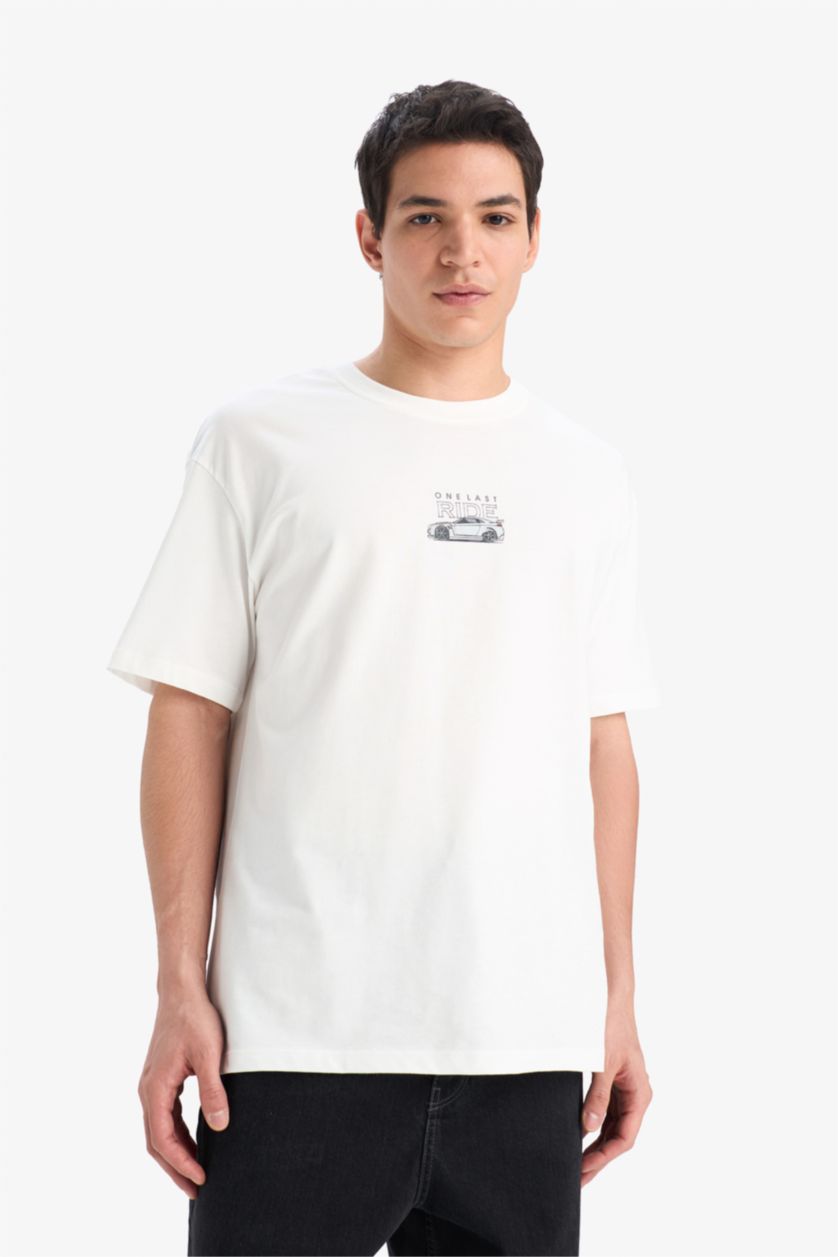 Erkek Ekru %100 Pamuk Fast & Furious Boxy Fit Bisiklet Yaka Sırt Baskılı Kısa Kollu Tişört