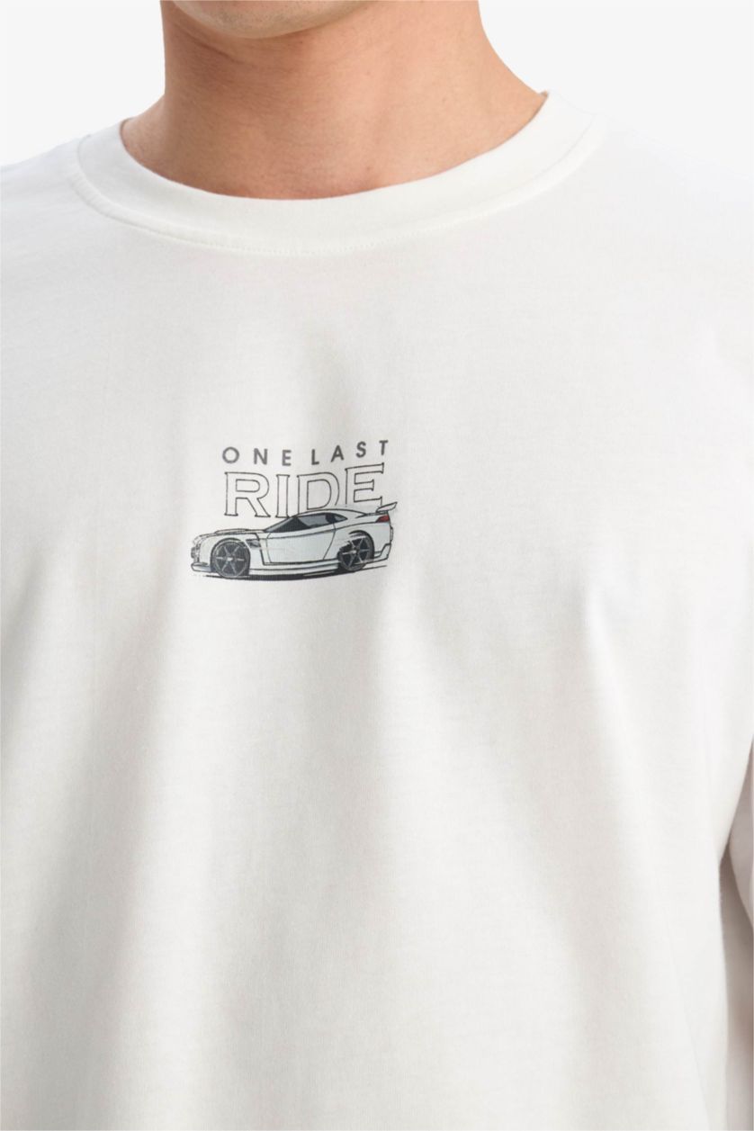 Erkek Ekru %100 Pamuk Fast & Furious Boxy Fit Bisiklet Yaka Sırt Baskılı Kısa Kollu Tişört