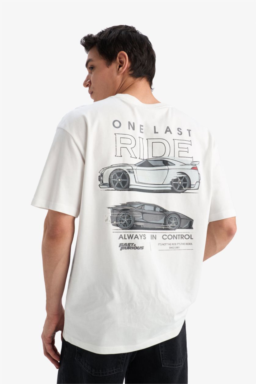 Erkek Ekru %100 Pamuk Fast & Furious Boxy Fit Bisiklet Yaka Sırt Baskılı Kısa Kollu Tişört
