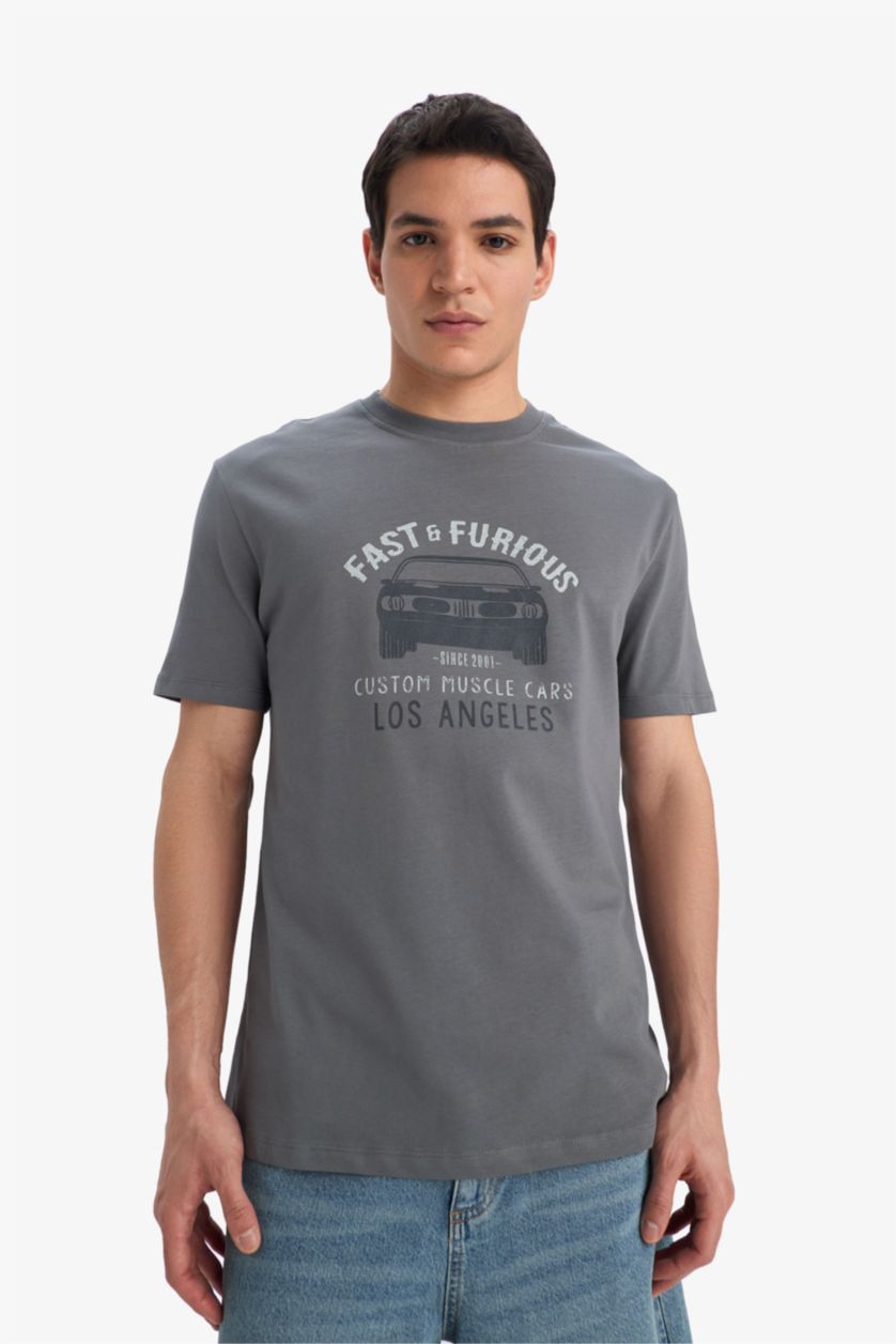 Erkek Gri %100 Pamuk Fast & Furious Regular Fit Bisiklet Yaka Kısa Kollu Tişört