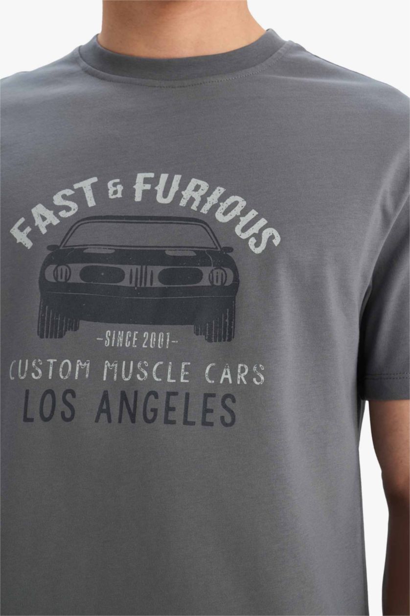 Erkek Gri %100 Pamuk Fast & Furious Regular Fit Bisiklet Yaka Kısa Kollu Tişört