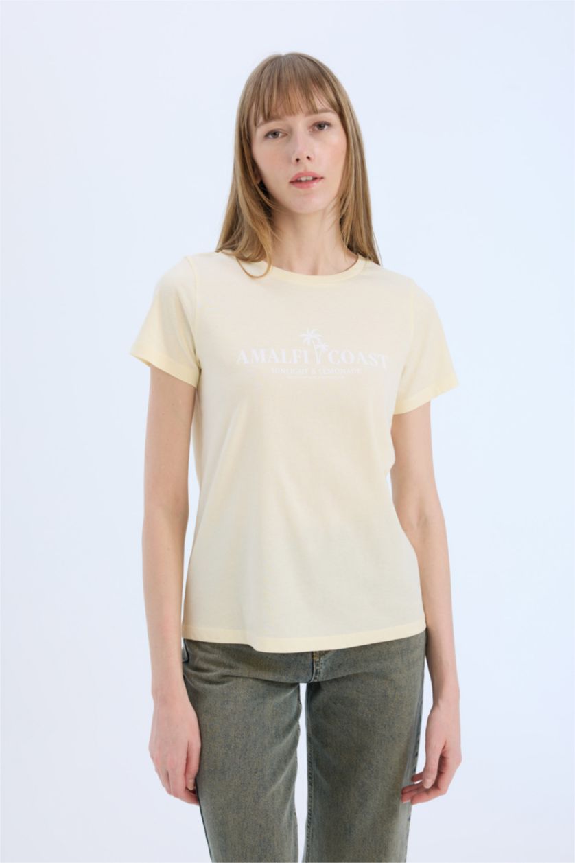 نساء أصفر فاتح تيشيرت نص ردن بطبعة شعار قصة عادية بياخة مستديرة