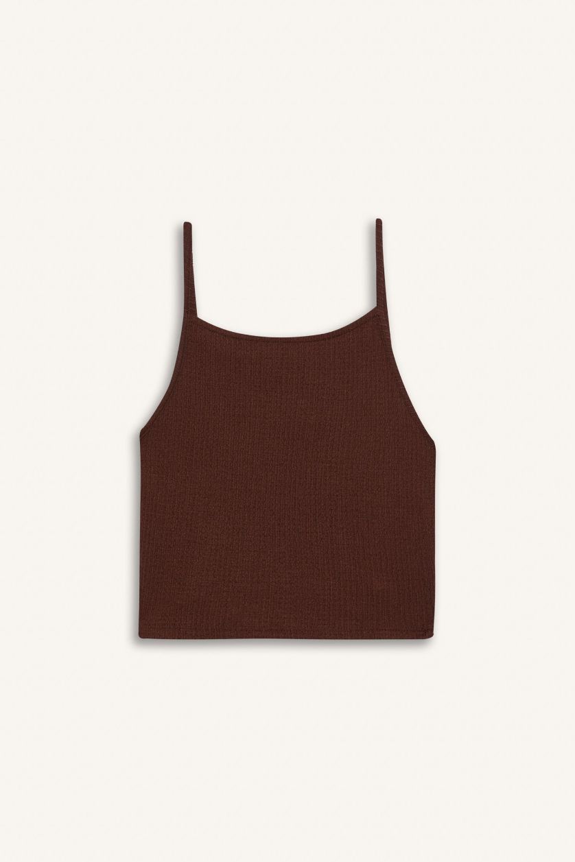 Kadın Açık Kahve Fitted Basic Düz Bürümcük Askılı Atlet