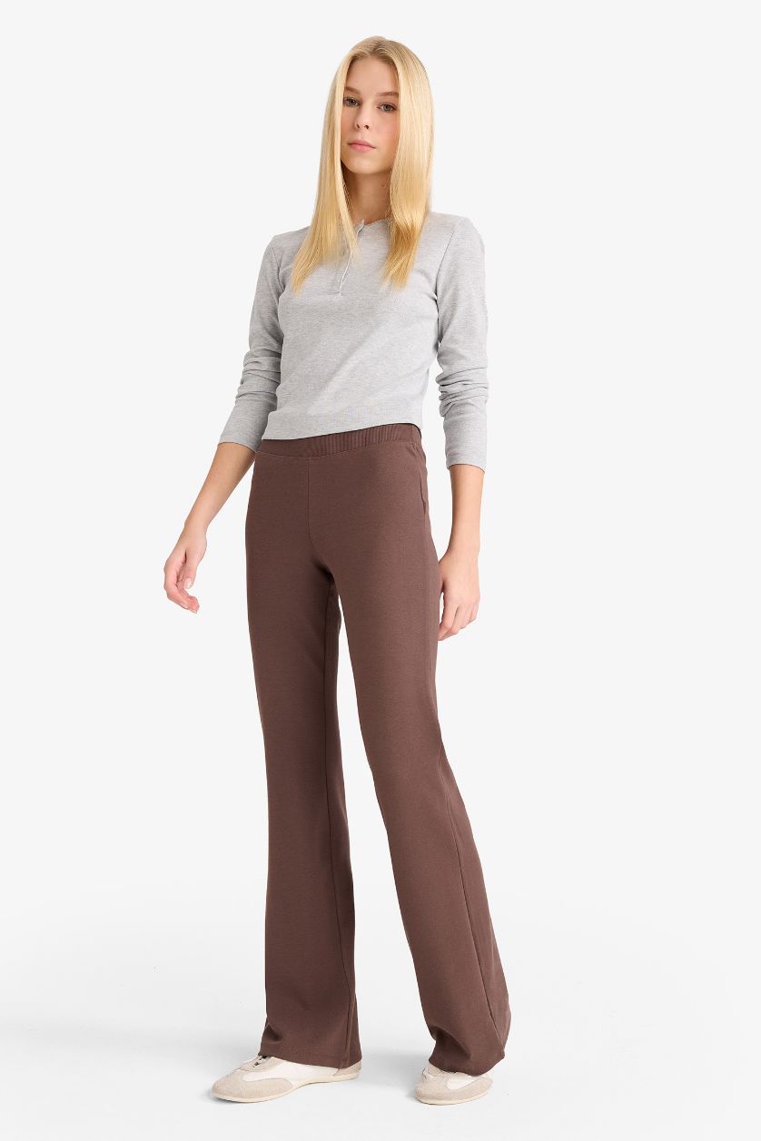 Woman Brown Flare Fit Flexible Waisted Spanish Leg Ribbed Trousers