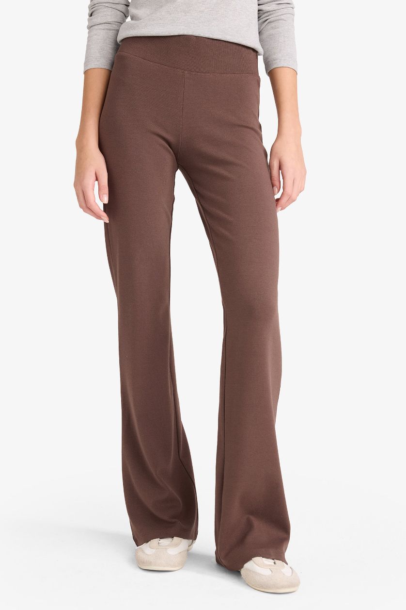 Woman Brown Flare Fit Flexible Waisted Spanish Leg Ribbed Trousers