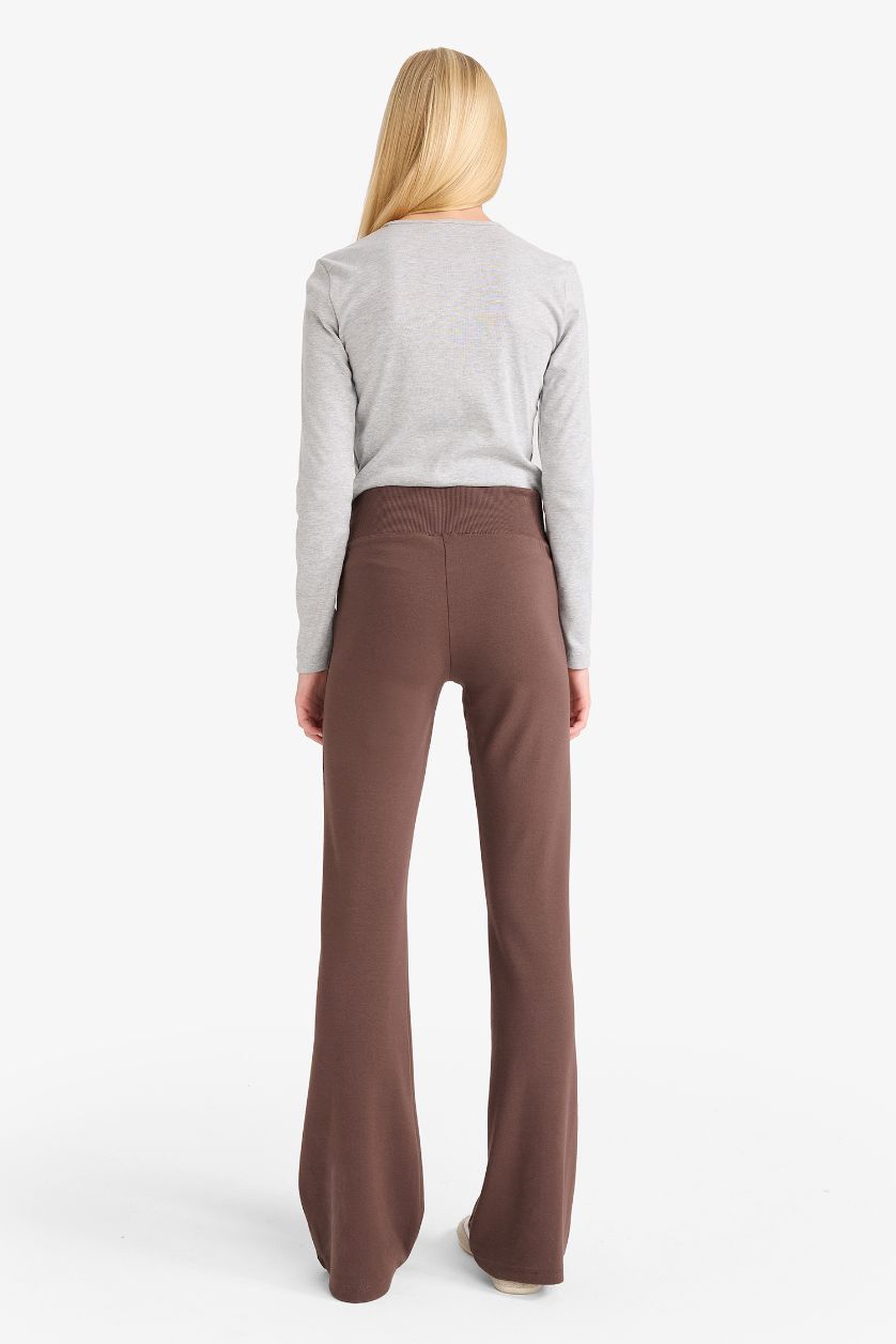 Woman Brown Flare Fit Flexible Waisted Spanish Leg Ribbed Trousers