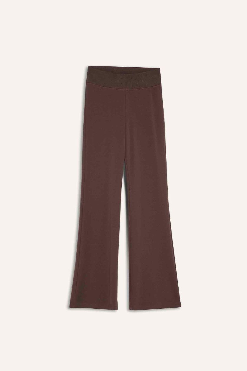 Woman Brown Flare Fit Flexible Waisted Spanish Leg Ribbed Trousers