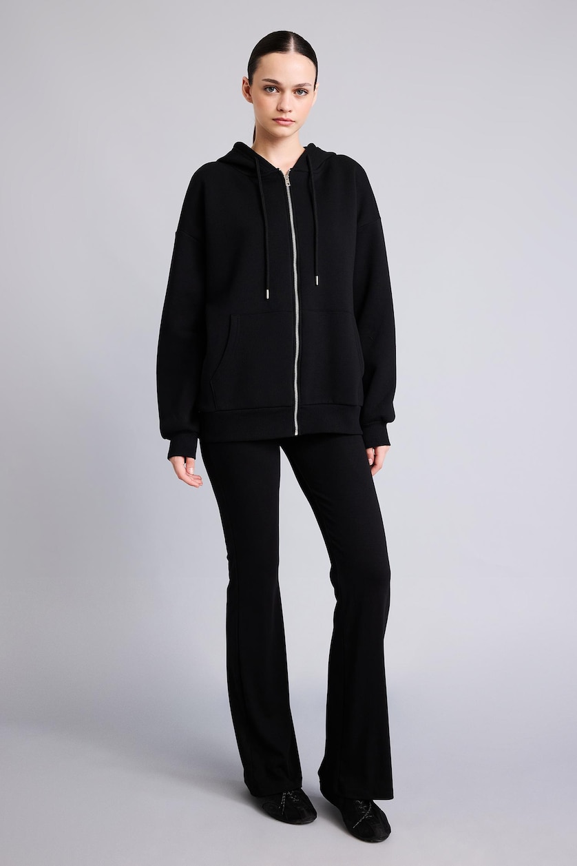 Women Black Flare Fit Ribbed Black Trousers