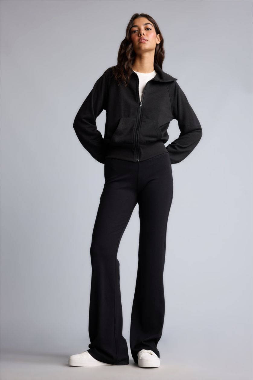 Kadın Siyah Flare Fit Ribana Pantolon