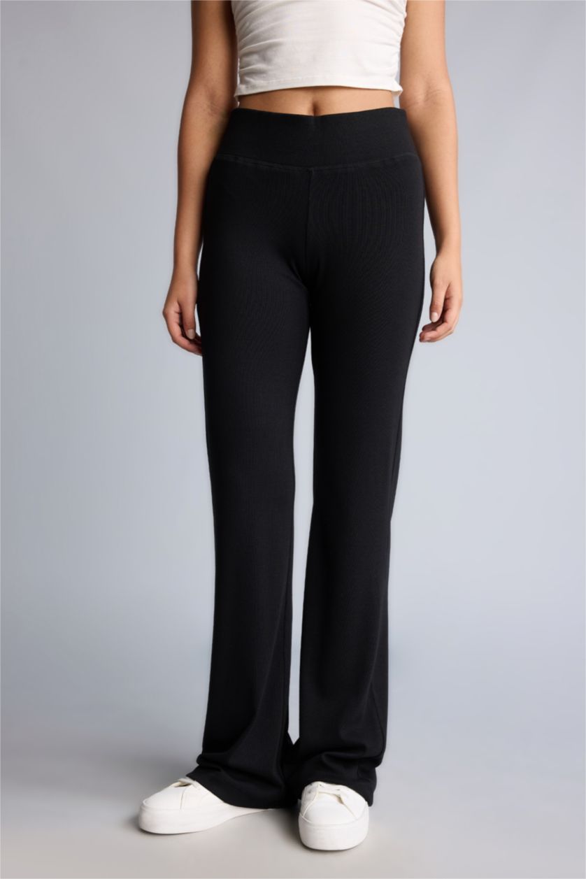 Kadın Siyah Flare Fit Ribana Pantolon