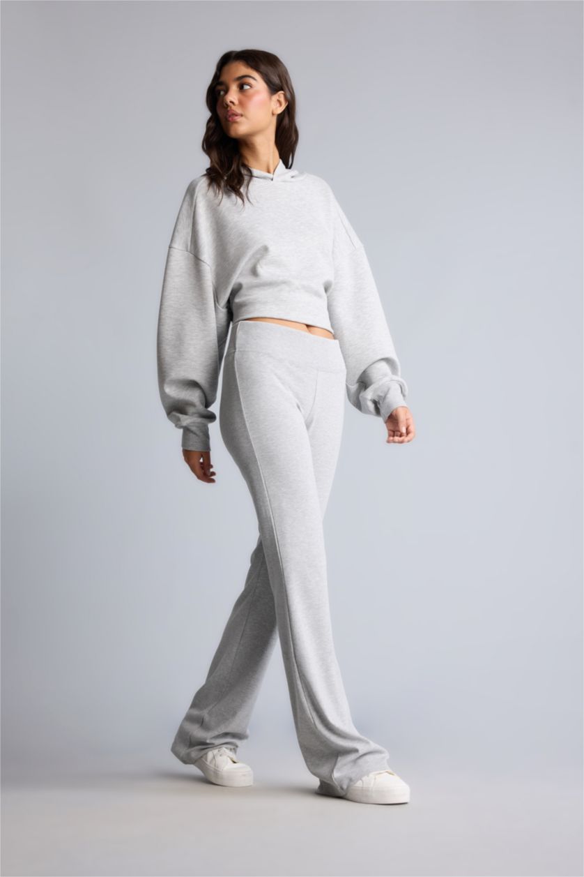 Kadın Gri Melanj Flare Fit Ribana Pantolon