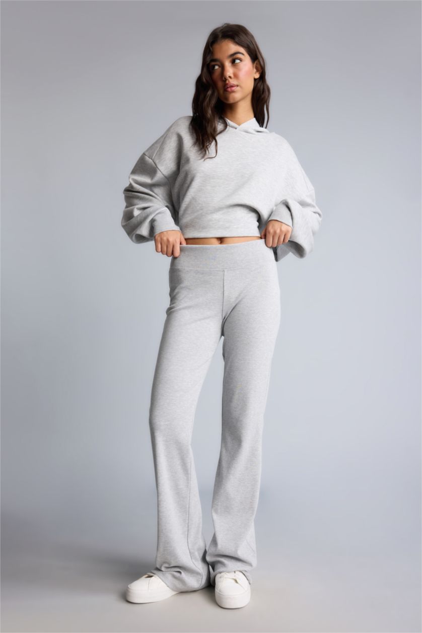 Kadın Gri Melanj Flare Fit Ribana Pantolon